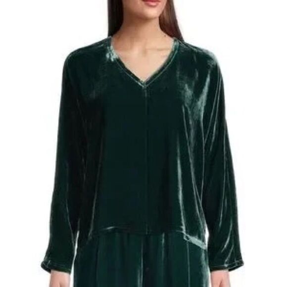 EILEEN FISHER Green Velvet Dolman Sleeve Blouse Boxy Top Silk Velour Size XS New - Picture 1 of 13